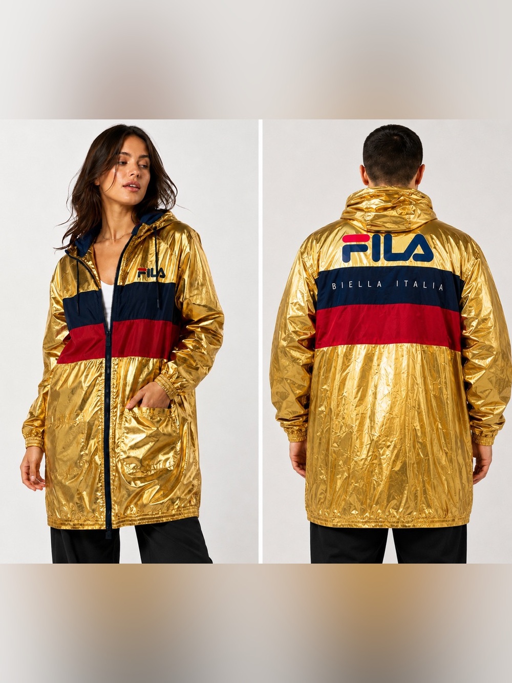 NWOT Rare FILA Lorna Unisex Gold Metallic Longline Windbreaker Oversized Fit - S
